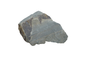 Cut out raw specimen of gray shale rock stone isolated on white background.