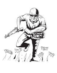 Comics style drawing or illustration of a World War Two American GI soldier running with rifle viewed from front on isolated background done in black and white retro style.