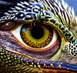 Yellow eye from a fierce and captivating fantasy reptilian monster. The intricate details of the iris and pupil draw you into the image and bring this mystical creature to life. Generative AI