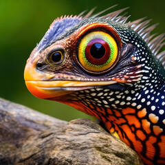 Fototapeta premium Close-up of a fantasy reptile with large, detailed eyes against a blurry green background. The creature has colorful scales and a mystical appearance. Mystical and magical wildlife. Generative AI