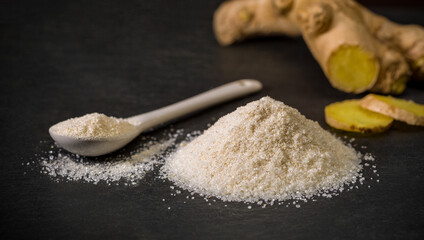 Ginger sugar. Spoon and a pile of sugar, salt or flour. Spices for recipes. Sweets. Ground spice.