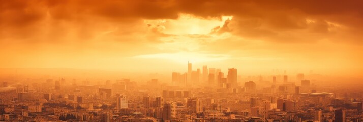 Naklejka na ściany i meble Global warming. Extreme heat in the city. Hazy orange sky over the cityscape. Generative AI