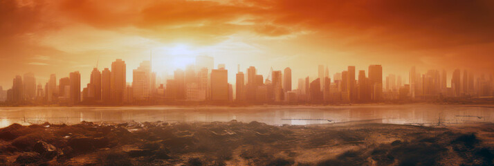 Global warming. Extreme heat in the city. Hazy orange sky over the cityscape. Generative AI