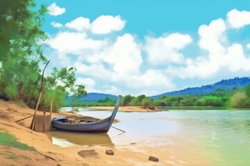 Fototapeta na wymiar River shore with boat in Thailand landscape in summer (Generative AI)