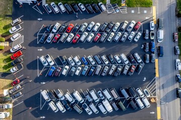 View of a parking lot filled with a variety of  cars and  trucks
