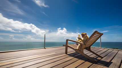 Fototapeta na wymiar A content monkey relaxes on a lounge chair enjoying the sun and a drink. Generative AI