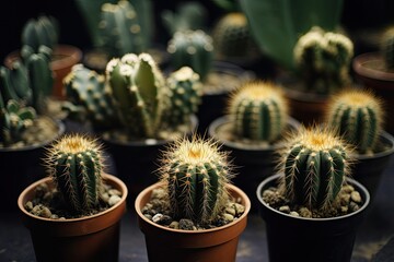 Decorative small beautiful cacti in pots. Generative AI
