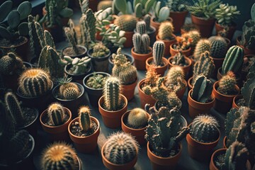 Collection of different cacti in different pots. Generative AI