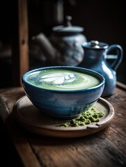Obraz na płótnie Canvas Blue Matcha Latte Tea in Handmade Craft Teacup. Food Realistic Illustration. Ai generative