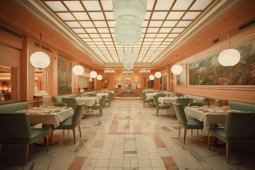 Fancy restaurant and bar. BOHO style. Centered perspective. Interior Design