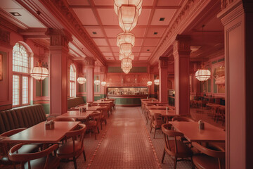 Fancy restaurant and bar. Pink color palette. Centered perspective. Interior Design