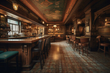 Fototapeta na wymiar Fancy restaurant and bar. BOHO style. Centered perspective. Interior Design