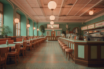 Fototapeta na wymiar Fancy restaurant and bar. BOHO style. Centered perspective. Interior Design