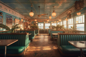Fototapeta na wymiar Fancy restaurant and bar. COASTAL / BEACHY style. Centered perspective. Interior Design