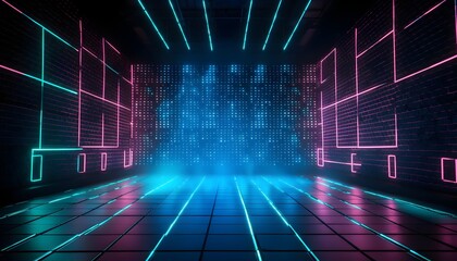 Futuristic Stage colorful neon lights stages room background and backdrop, empty podium for Product Display or Presentations, showcases and modern Projects. 3D Rendering.  Generative AI technology.