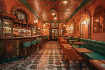 Fototapeta na wymiar Fancy restaurant and bar. Aesthetic pastel color palette. Centered perspective. Interior Design