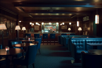 Fancy restaurant and bar. Dark blue color palette. Centered perspective. Interior Design