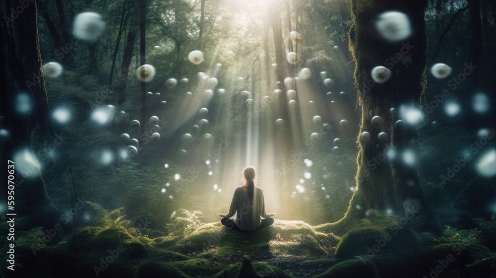 Poster a person sitting in the middle of a forest surrounded by bubbles. ai generative image.