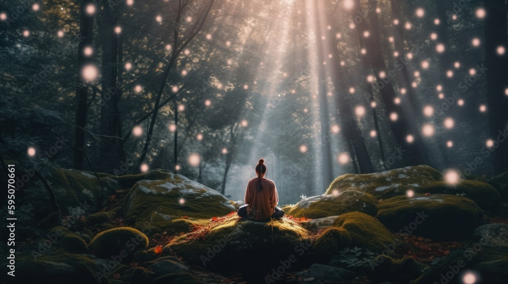 Poster a person sitting in the middle of a forest. ai generative image.