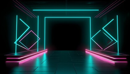 Futuristic Stage colorful neon lights stages room background and backdrop, empty podium for Product Display or Presentations, showcases and modern Projects. 3D Rendering.  Generative AI technology.