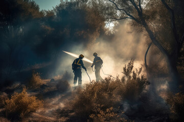 Obraz na płótnie Canvas Braving the Flames: Two Firefighters Battle Wildfire. Generative Ai