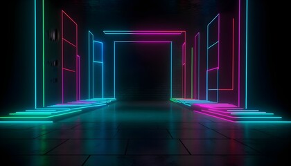 Futuristic Stage colorful neon lights stages room background and backdrop, empty podium for Product Display or Presentations, abstract modern, Perfect for Showcases and Modern Projects. 3D Rendering.