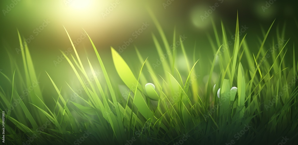 Poster green grass with a bright sun represent spring and dawn in nature and serve as a beautiful backdrop.