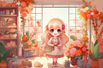 doll florist, flower shop background, chibi 