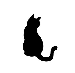 Vector isolated one single simplest sitting cat kitten back view colorless black and white outline silhouette shadow shape