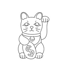 Vector isolated one single japanese maneki neko cat with money toy paw up colorless black and white contour line easy drawing
