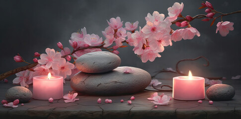 Tranquility in Nature. Zen stones, candles and blooming cherry. . Generative Ai