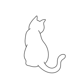 Vector isolated one single simplest sitting cat kitten back view colorless black and white contour line easy drawing