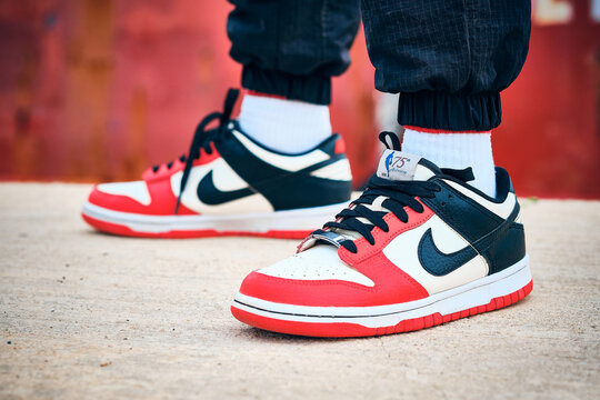 On-feet Nike Dunk Low EMB NBA 75th Anniversary Chicago colorway sneakers  illustrative editorial Stock Photo | Adobe Stock