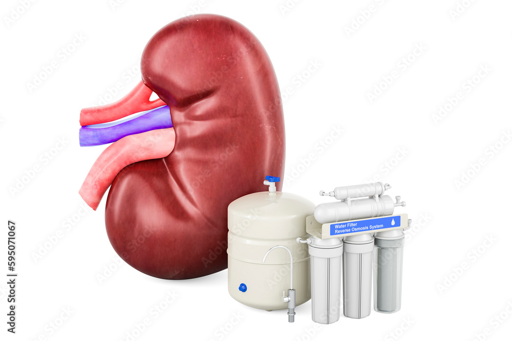 Poster human kidney with reverse osmosis system. 3d rendering