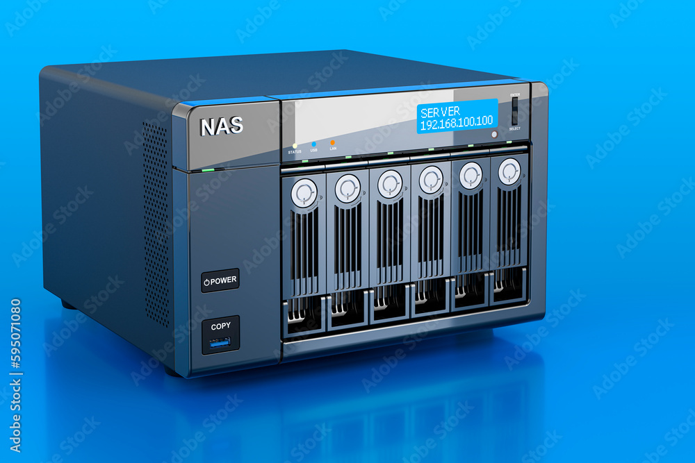 Poster nas with 6 disks on blue background, 3d rendering