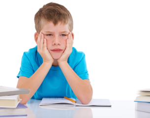 Books, learning and bored child with a school desk for studying and classroom work. Frustrated, young kid and education of a tired boy feeling upset isolated on a transparent, png background