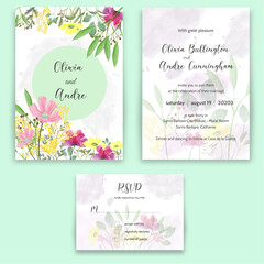 Wedding invitation in watercolor style  , save the date, rsvp card design template.  Wildflowers, mimosa flower. Set of rustic wedding cards with flowers.