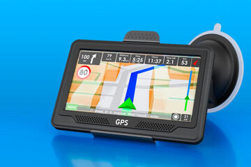 GPS navigation device on blue background, 3D rendering