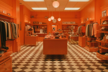 fancy retail shopDark orange color palette. Centered perspective. Interior Design