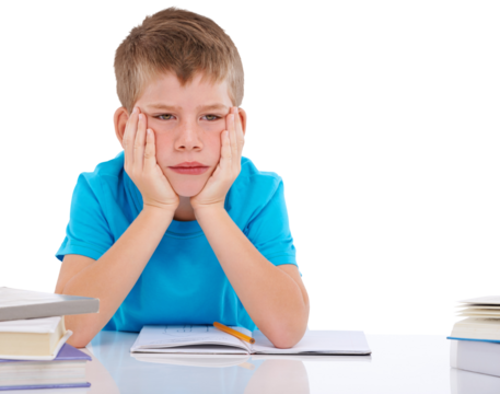 Books, learning and bored child with a school desk for studying and classroom work. Frustrated, young kid and education of a tired boy feeling upset isolated on a transparent, png background - Powered by Adobe