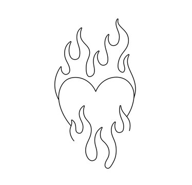 Vector isolated one single burning heart with fire flames from above and below colorless black and white contour line easy drawing