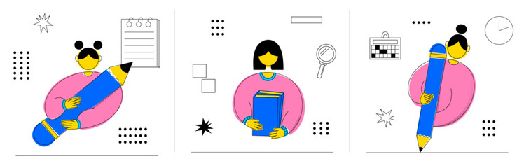 Set of women reading books and holding big pencils for drawing or writing. School or college activity. Education and creativity concept. Trendy flat outline character on isolated white background.