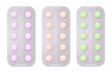 Set of cute blister packs pills. Pharmacy colorful packaging. Aspirin, painkiller drugs, antibiotics, vitamins, or antidepressants. Detailed flat illustration. Stylish pills.