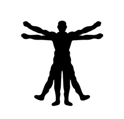 Fototapeta na wymiar Vector isolated one single man with four arms and legs Vitruvian man Leonardo colorless black and white outline silhouette shadow shape
