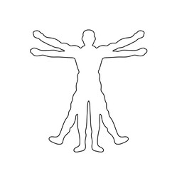 Vector isolated one single man with four arms and legs Vitruvian man Leonardo colorless black and white contour line easy drawing