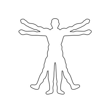 Vector isolated one single man with four arms and legs Vitruvian man Leonardo colorless black and white contour line easy drawing