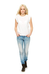 Fototapeta premium Fashion, jeans and casual portrait of woman walking isolated on transparent png background with beautiful style. Professional blonde model with confidence, beauty and trendy designer denim clothes.