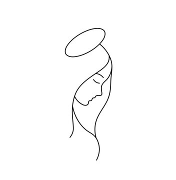 Vector isolated one single holy woman girl with halo side view  head portrait profile colorless black and white contour line easy drawing