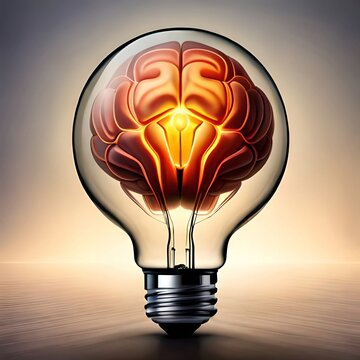 Glass bulb with a brain inside, an illuminating idea