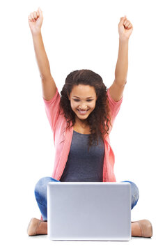 Success, winning and woman on laptop isolated on transparent, png background for university results and celebrate. Happy person, winner or student cheers and arms in air for college news on computer